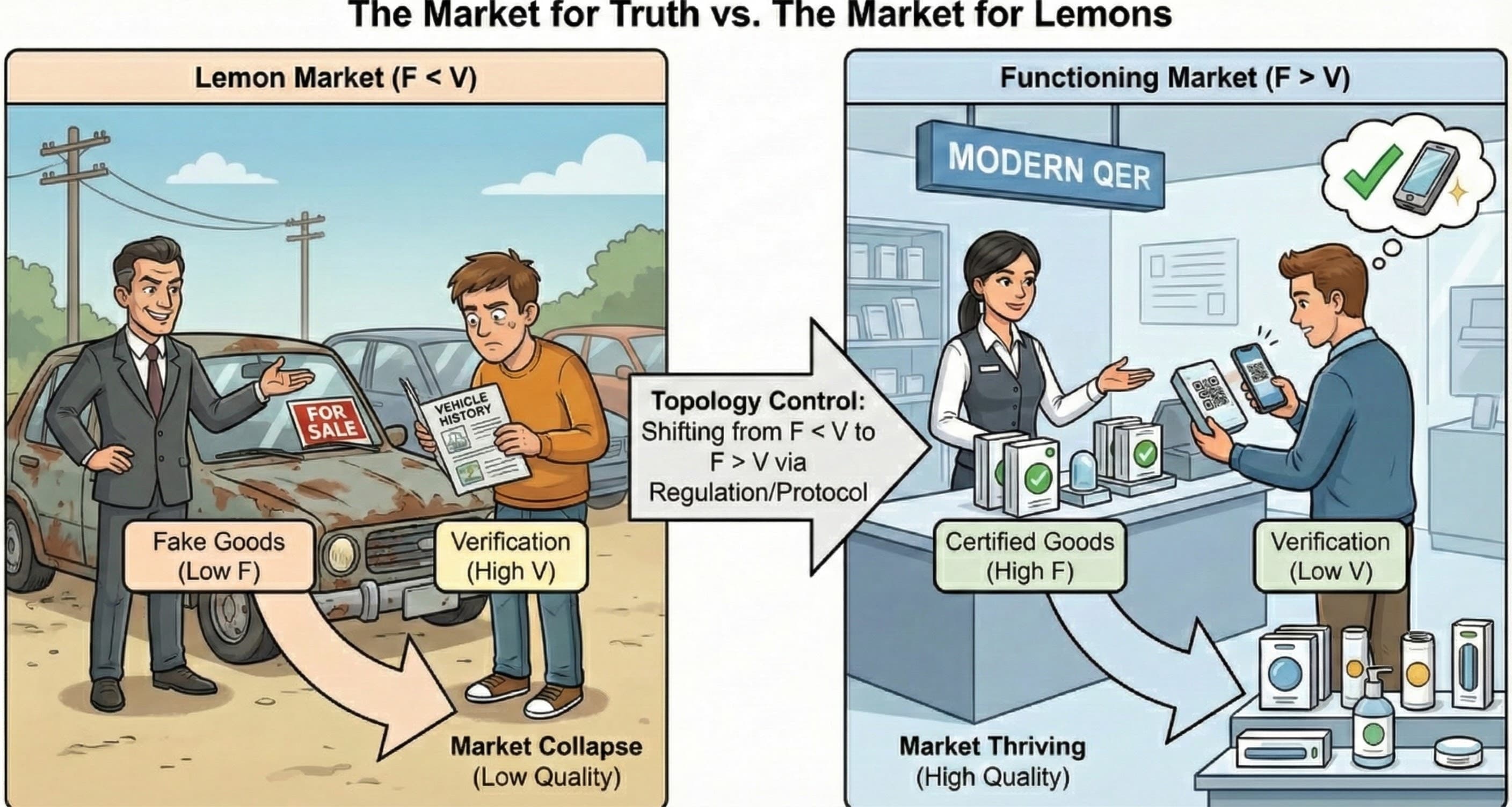 The Market for Truth vs The Market for Lemons: Left shows F < V collapse with market failure, Right shows F > V stability with verified goods
