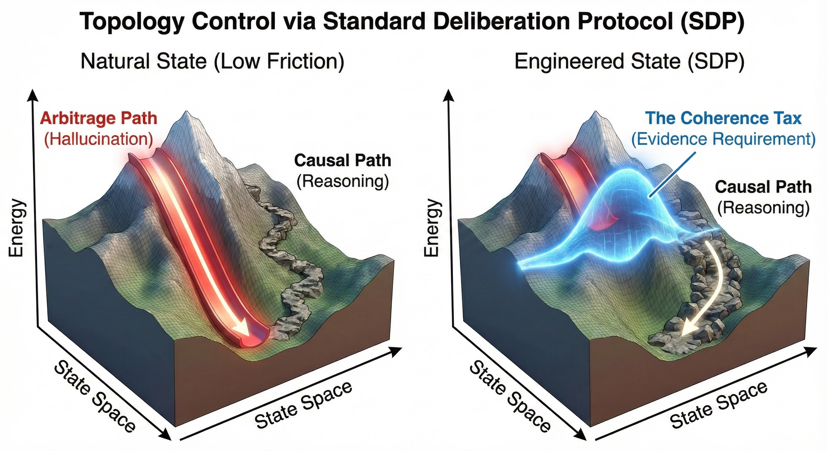 Topology Control via Standard Deliberation Protocol showing energy landscape before and after SDP
